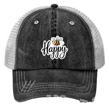 Discover Whimsical Bee and Happy Text Artwork Trucker Hats