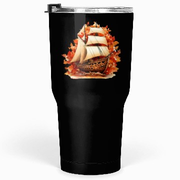 Discover Autumn Sailing: Sailboat Amidst Falling Leaves Tumblers 30 Oz