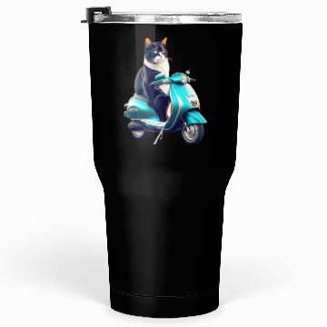 Discover 3D cute funny black cat rides a blue motorcycle Tumblers 30 Oz