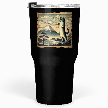 Discover Mt. Fuji Kitten Papyrus Scroll Retro Japanese Art Tumblers 30 Oz