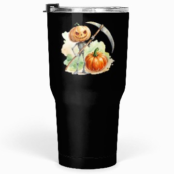 Discover Pumpkin headed skeleton wielding a menacing scythe Tumblers 30 Oz