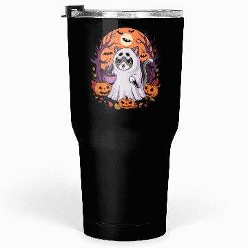 Discover Halloween Ghost Cat with Pumpkins Tumblers 30 Oz