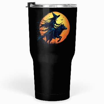 Discover Halloween Witch Riding a Wolf Under Full Moon Tumblers 30 Oz