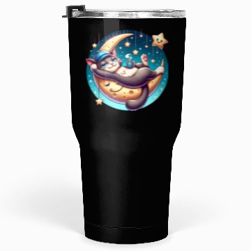 Discover Cute Cat Relaxing on Moon with Stars and Coffee Tumblers 30 Oz