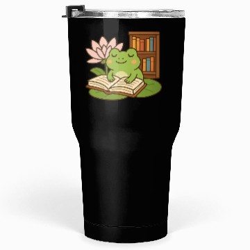 Discover Serene Frog Reading Book Under Lotus Tumblers 30 Oz