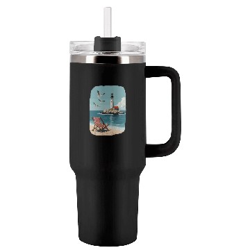 Discover Deck Chair Beach chair and lighthouse ocean scene Tumblers 40 Oz With Handle