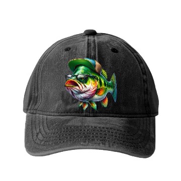 Discover Cool Bass Fish with Green Hat and Glasses Washed Denim Baseball Caps