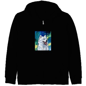 Discover Dog Samoyed Portrait and Northern Lights Dog Aurora Art by Aja Zip Hoodies