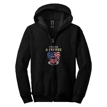 Discover Coffee Fun American Flag I Love America and Coffee Cup Zip Hoodies
