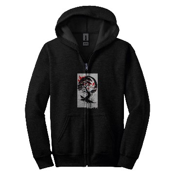 Discover Japanese Tree Red Moon With Birds Flying in background Graph Zip Hoodies