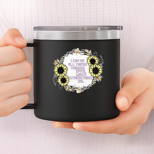 Sunflower Cross Stitch I Can Do All Things Through 14oz Stainless Steel Tumblers