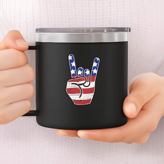 Rock n Roll USA Flag Horns Sign Retro Concert Band 14oz Stainless Steel Tumblers