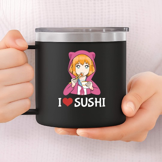 Kawaii Anime Girl I Love Sushi 14oz Stainless Steel Tumblers