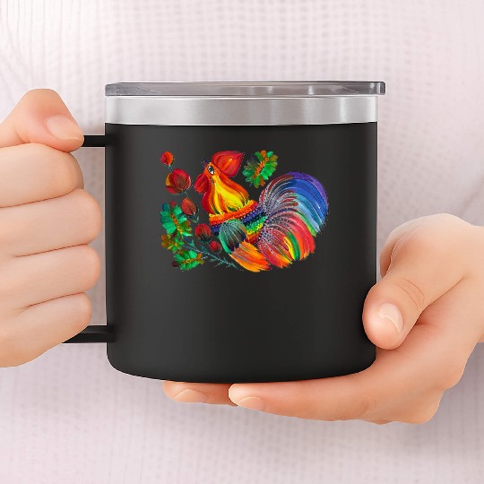 Magic cock. Petrykivka painting. Rainbow rooster 14oz Stainless Steel Tumblers