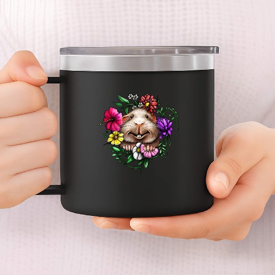 Smooth Hair Guinea Pig With Colorful Flowers 14oz Stainless Steel Tumblers