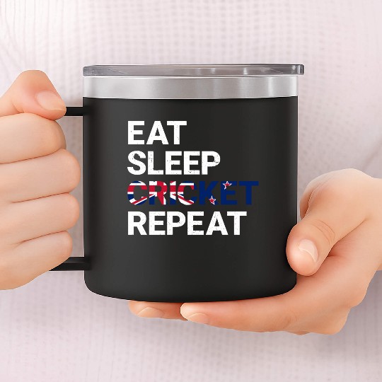 Eat Sleep Cricket Repeat NZ Flag Sports Gift 14oz Stainless Steel Tumblers
