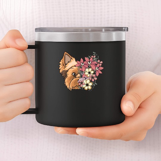Yorkshire Terrier Dog Yorkie Face Flowers 14oz Stainless Steel Tumblers