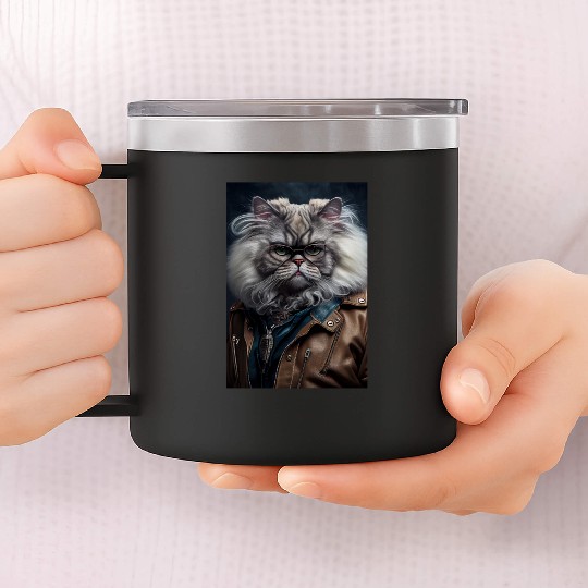 Persian Cat Breed Portrait wears a leather jacket 14oz Stainless Steel Tumblers