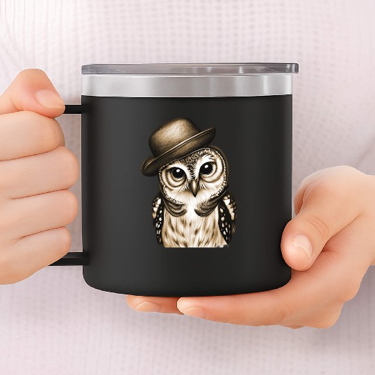 owl wearing derby hat - brown color 14oz Stainless Steel Tumblers