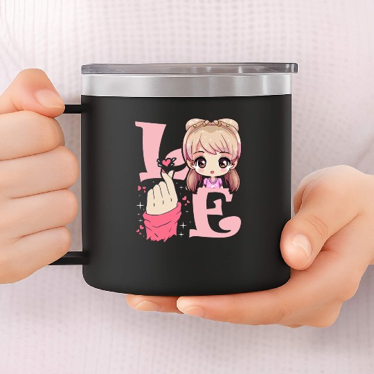 Love Saranghae Finger Heart Korean Anime Chibi Kpo 14oz Stainless Steel Tumblers
