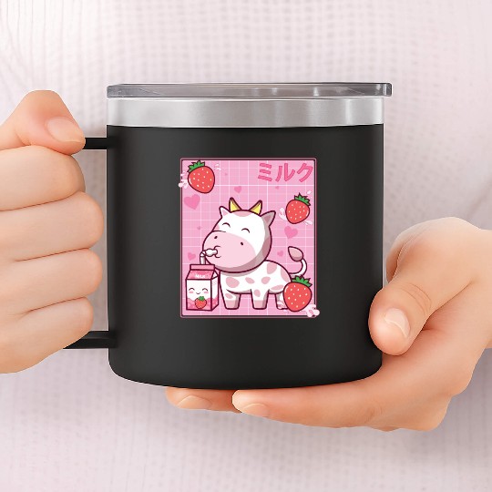 Kawaii Pink Strawberry Cow Milk Shake Otaku Anime 14oz Stainless Steel Tumblers