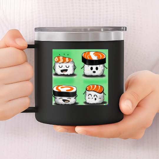 Happy Cheerful Sushi I Love Sushi Design 14oz Stainless Steel Tumblers