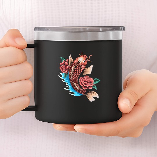 Koi Fish and Roses 14oz Stainless Steel Tumblers