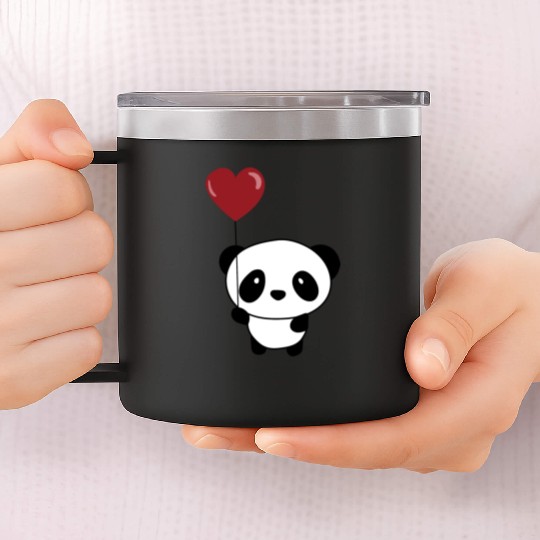 Cute Chibi Panda Valentine Balloon Heart 14oz Stainless Steel Tumblers