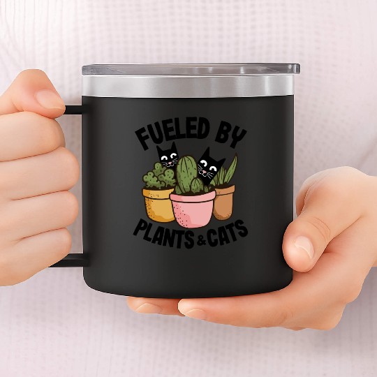 Fueled By Plants Cats Funny Gardening Gift Cat 14oz Stainless Steel Tumblers