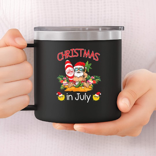 Christmas In July Funny Santa Surfing Summer 14oz Stainless Steel Tumblers