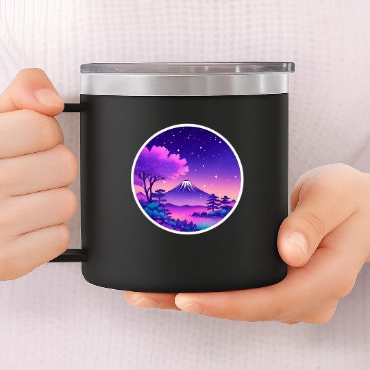 Japan Mount Fuji Night Sky Lo-Fi Art Retro Purple 14oz Stainless Steel Tumblers