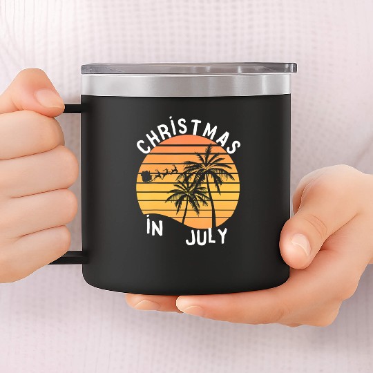 Christmas In July Santa Sledge Sunset Palm Summer 14oz Stainless Steel Tumblers