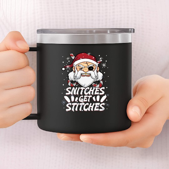 Snitches Get Stitches Santa Hat Funny Santa Pirate 14oz Stainless Steel Tumblers
