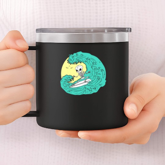 Skeleton surfing on Wave 14oz Stainless Steel Tumblers
