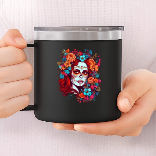 Dia de los muertos woman sugar skull with flowers 14oz Stainless Steel Tumblers