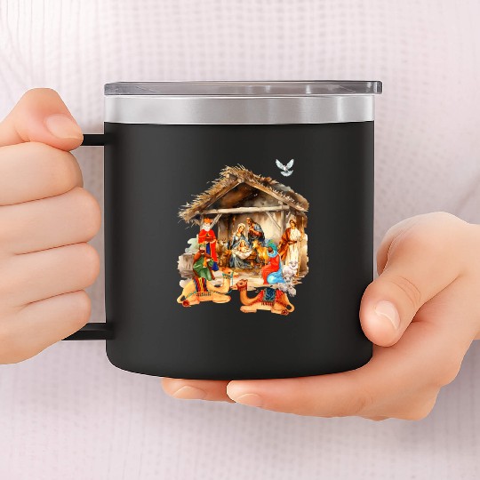 Nativity scene with Mary Joseph Baby Jesus 14oz Stainless Steel Tumblers