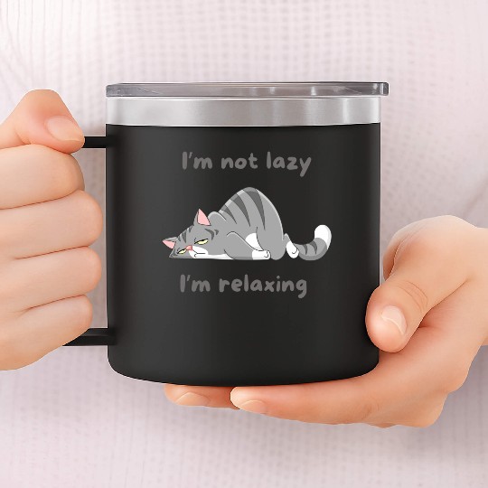 Gray Cat Cartoon I'm Not Lazy (Grey Letters) 14oz Stainless Steel Tumblers