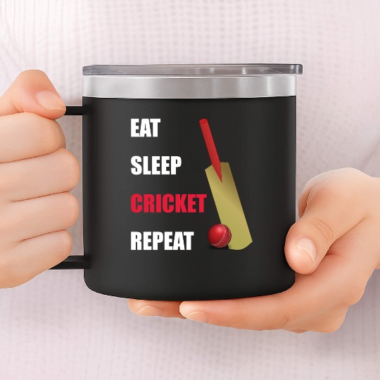 Eat Sleep Cricket Repeat Red and White Text 14oz Stainless Steel Tumblers