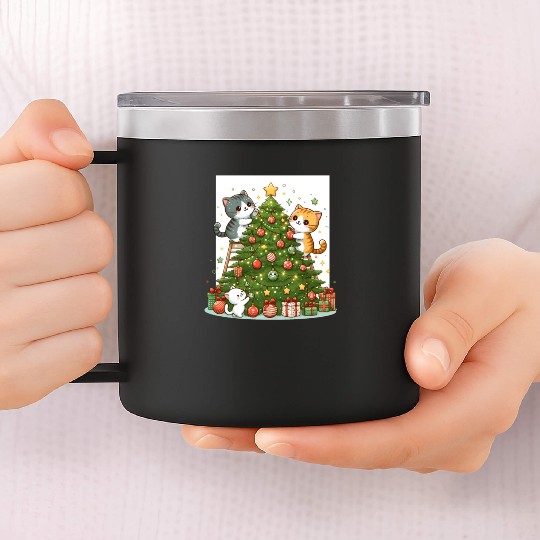 Kittens decorate a Christmas tree 14oz Stainless Steel Tumblers