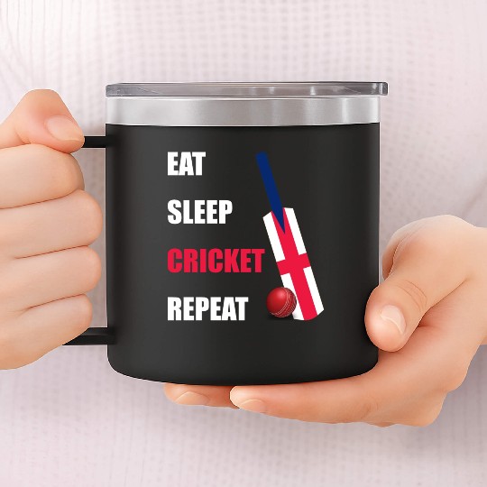 Eat Sleep Cricket Repeat England Flag Cricket Bat 14oz Stainless Steel Tumblers