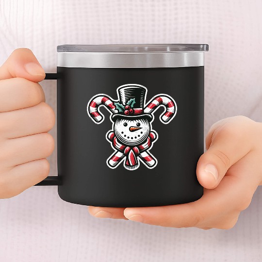 Candy Cane Cheer - snowman with Top Hat design 14oz Stainless Steel Tumblers
