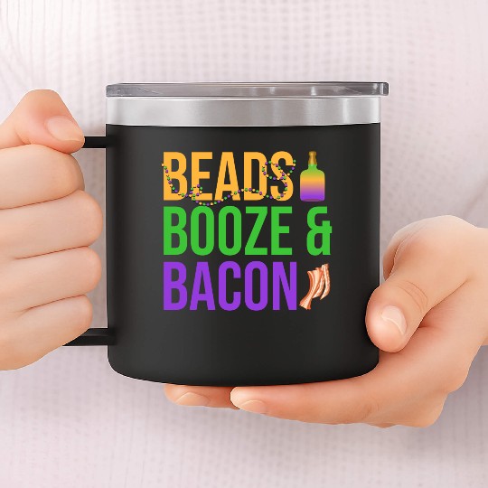 Beads Booze & Bacon Mardi Gras Carnival 14oz Stainless Steel Tumblers