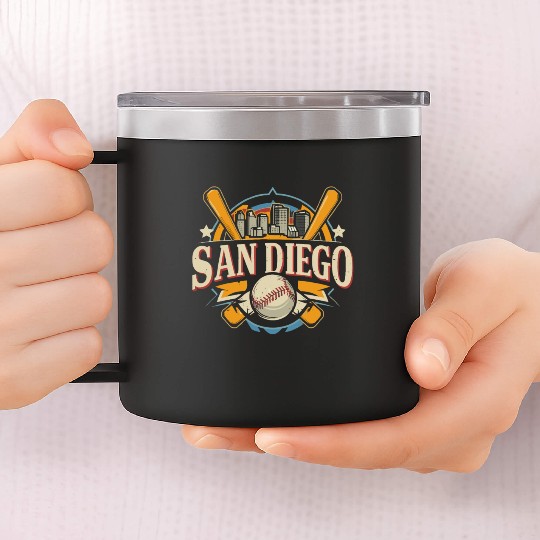 San Diego City California Baseball Skyline Vintage 14oz Stainless Steel Tumblers