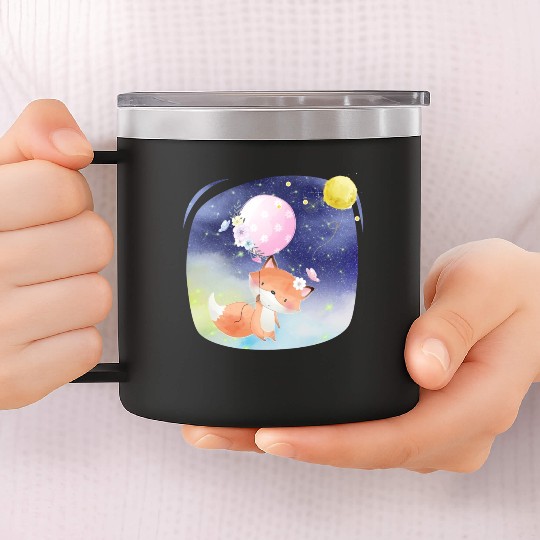 Funny Happy Fox Flying to Sky Using Balloon 14oz Stainless Steel Tumblers