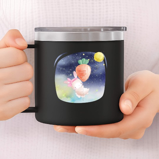 Funny Happy Rabbit Flying to Sky Using Balloon 14oz Stainless Steel Tumblers