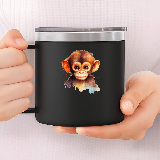 Baby Monkey Watercolor Portrait Chimp Ape Graphic 14oz Stainless Steel Tumblers