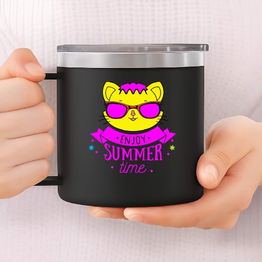 Enjoy Summer Time - Cool Cat 14oz Stainless Steel Tumblers