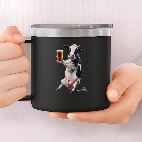 Cow Drinking Beer Realistic 14oz Stainless Steel Tumblers