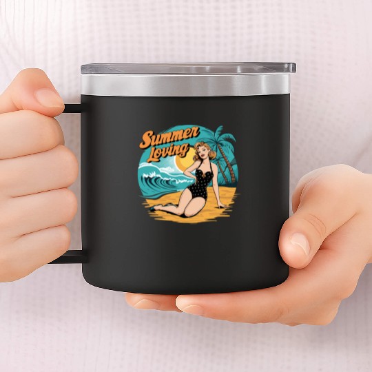 Retro Summer Loving Beach Vibes for a Beach Lover 14oz Stainless Steel Tumblers