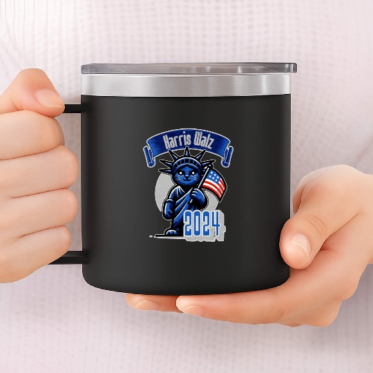 Cat Lady Harris Walz Statue of Liberty 2024 14oz Stainless Steel Tumblers